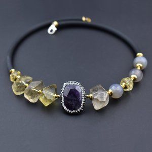 Raw stone necklace chunky, nugget lemon quartz choker collar